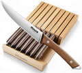 Huusk Steak Knives Set of 8 with Wood Block, Serrated & Straight Dual-Edge