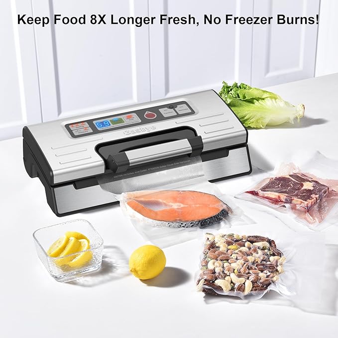 Gasbye 95kPa Precision Vacuum Sealer Machine, Double Heat Seal for Dry/Moist Food, Easy-Lock Handle, Built-in Bag Storage & Cutter, Progress Display, Pulse Mode, Removable Drip Tray, Silver