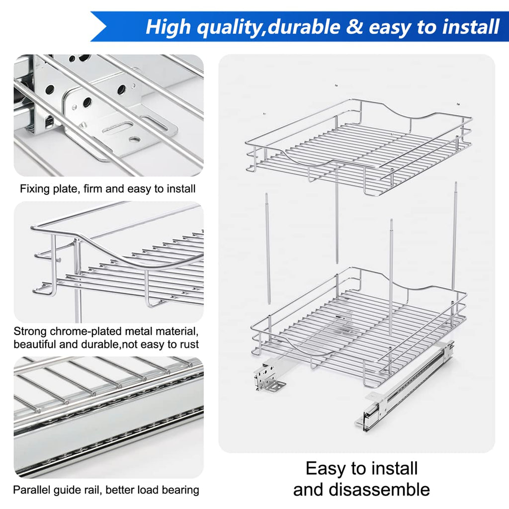 FULGENTE Chrome Finish Pull Out Drawer Cabinet Organizer 2 Tier (14" W X 18" D) Sliding Drawers For Kitchen Cabinets Cookware Organizer Drawer For Cabinet Slide Out Shelves