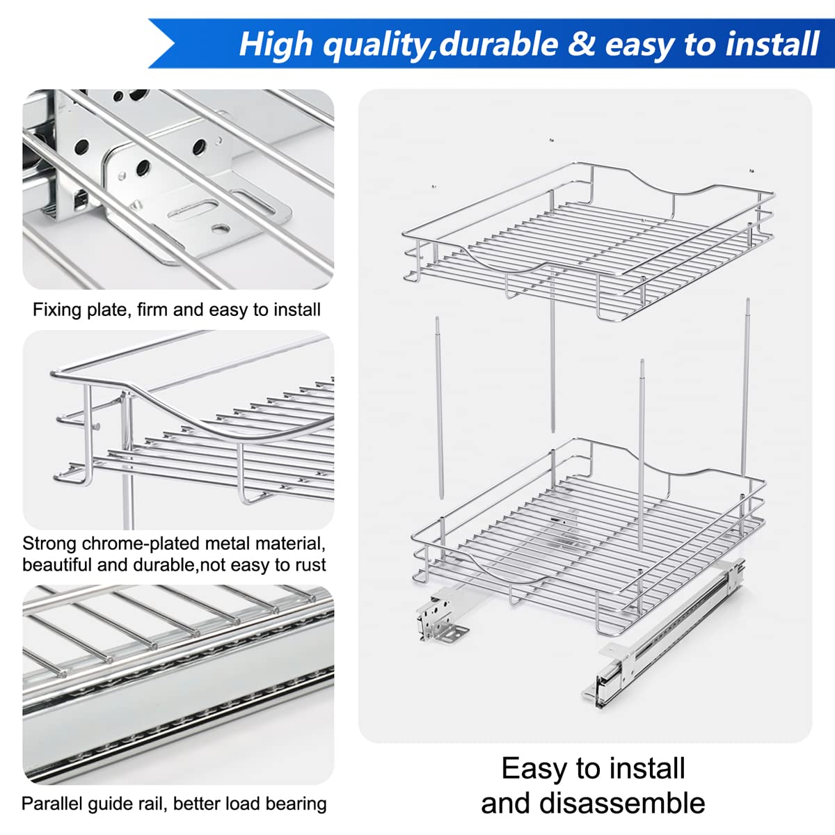 FULGENTE Chrome Finish Pull Out Drawer Cabinet Organizer 2 Tier (14" W X 18" D) Sliding Drawers For Kitchen Cabinets Cookware Organizer Drawer For Cabinet Slide Out Shelves