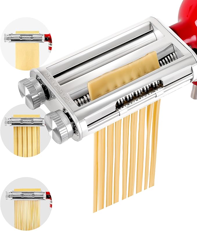 Pasta Maker Attachment for KitchenAid Mixer, 3-in-1 Metal Roller & Cutter