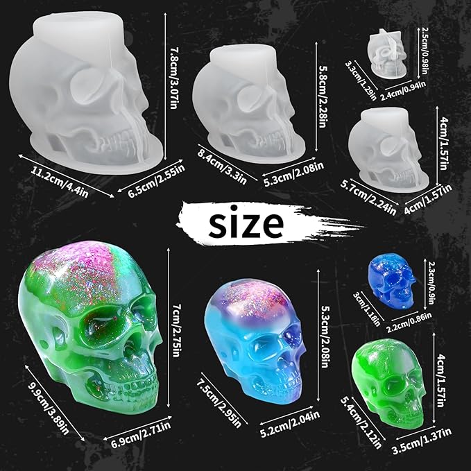 ZQYSING Resin Skull Molds, Set of 7 Sizes Halloween Skull Casting Molds