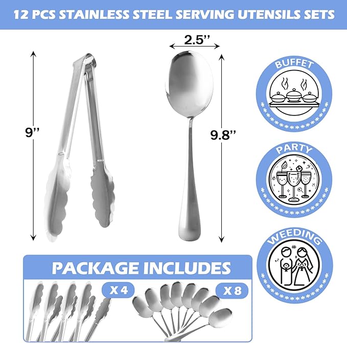 12PCS Silver Serving Utensils Set,Includes 8 large serving spoons,4 serving tongs