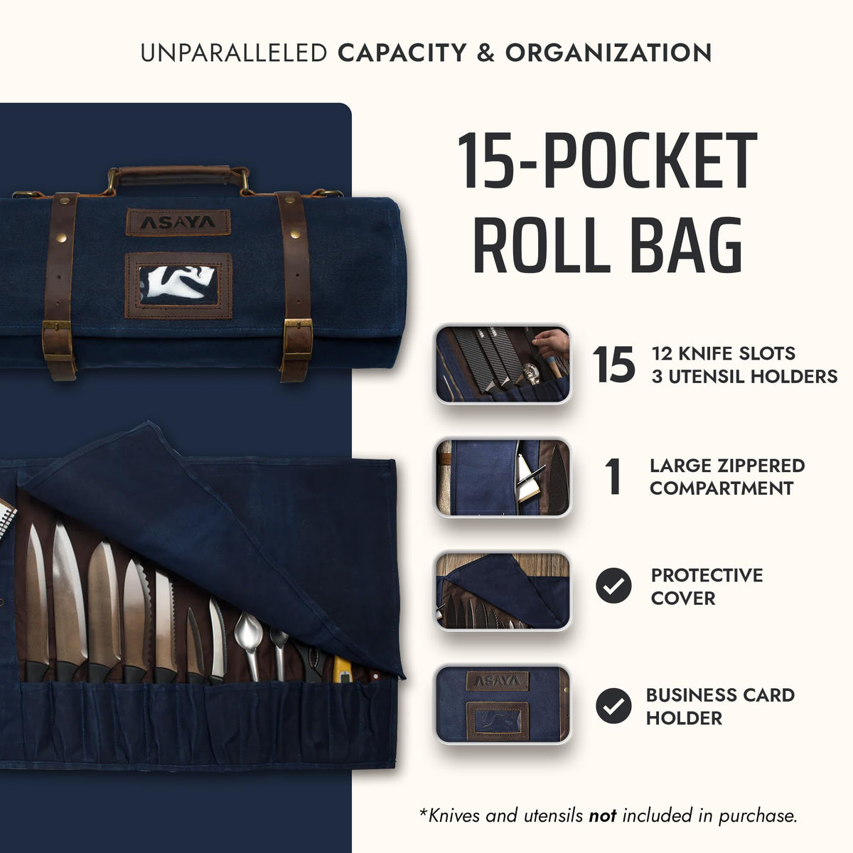 Asaya Waxed Canvas Knife Roll Bag - 15-Slot Chef Knife Bag with Leather Straps, Large Zippered Pocket and Card Holder - Carrying Case for Chefs and Culinary Students – Knives Not Included (Blue)