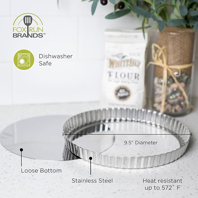 Fox Run Stainless Steel Tart Pan With Removable Bottom 9" Quiche Baking Pan