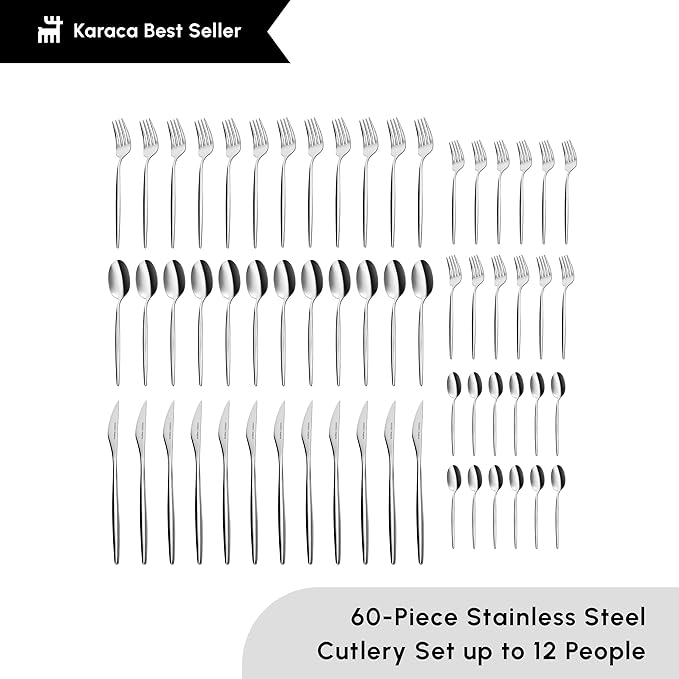 Karaca Lizbon - 18/10 Stainless Steel Silverware Set for 12, 60 Piece Heavy Duty Flatware Set, Dishwasher Safe Modern Cutlery incl. Kitchen Forks, Spoons, Knives Eating Utensils Sets - Platin