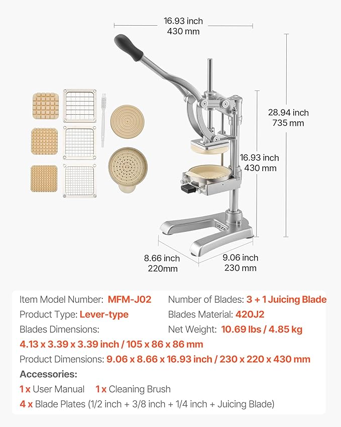 VEVOR French Fry Cutter, Ergonomic Potato Slicer with 3 Blades (1/2", 3/8", 1/4") & Juicer Plate, Easy-Replace Vegetable Chopper Dicer for Carrot, Onion, Lemon, Ideal for Home & Commercial Kitchens