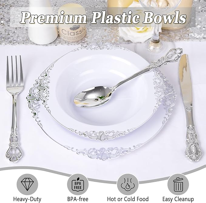 Joyido 100PCS Silver Plastic Bowls - 12 oz Silver Disposable Salad Bowls - Heavy Duty Disposable Soup Bowl - Fancy Plastic Ice Cream Bowl for Weddings Parties Dinners Picnics