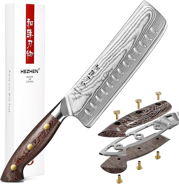 HEZHEN 7.4'' Nakiri Knife – 67 Layers Damascus Steel, Ultra Sharp Japanese Vegetable Knife for Home Cooks, Ergonomic Micarta Handle