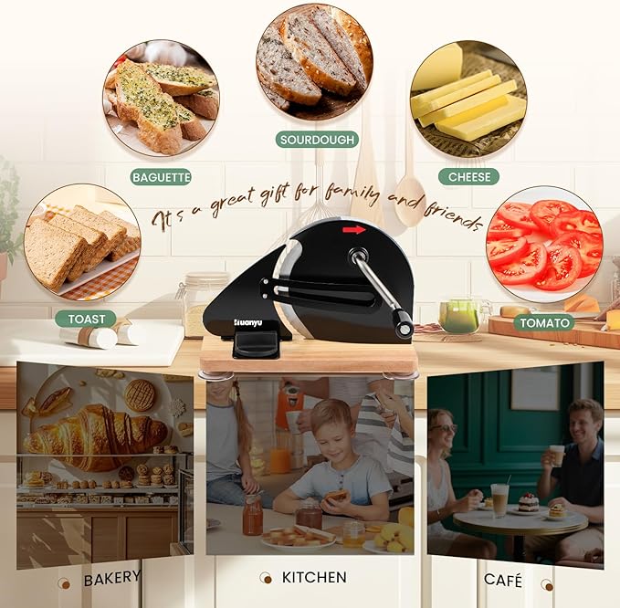 Huanyu Manual Bread Slicer Upgrade Foldable Sourdough Cutter Versatile Hand Crank Stainless Steel Blade Adjustable Thickness with Scale Line & Suction Cup for Homemade & Commercial Use Black