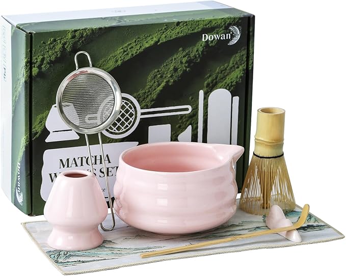 DOWAN Matcha Whisk Set, 7 Pcs Matcha Set Includes Bowl with Spout, Whisk and Holder, Bamboo Scoop and Holder, Sifter and Tea Towel - Matcha Kit Gift for Lovers Beginners (Pink)