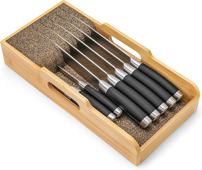 Mospten Bamboo Knife Drawer Organizer Insert - Kitchen In-Drawer Knife Block Holder, Flexible Dividers for Knives Organization