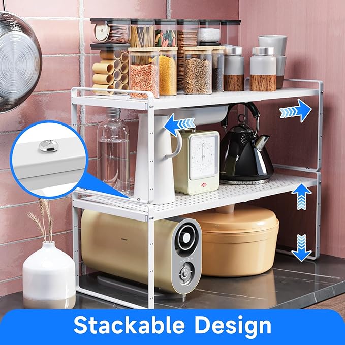 KIKIBRO Expandable Kitchen Shelf Organizers, Kitchen Cabinet Organizer Stand Rack Organization for Countertop Cupborad Pantry, White 2 Pack