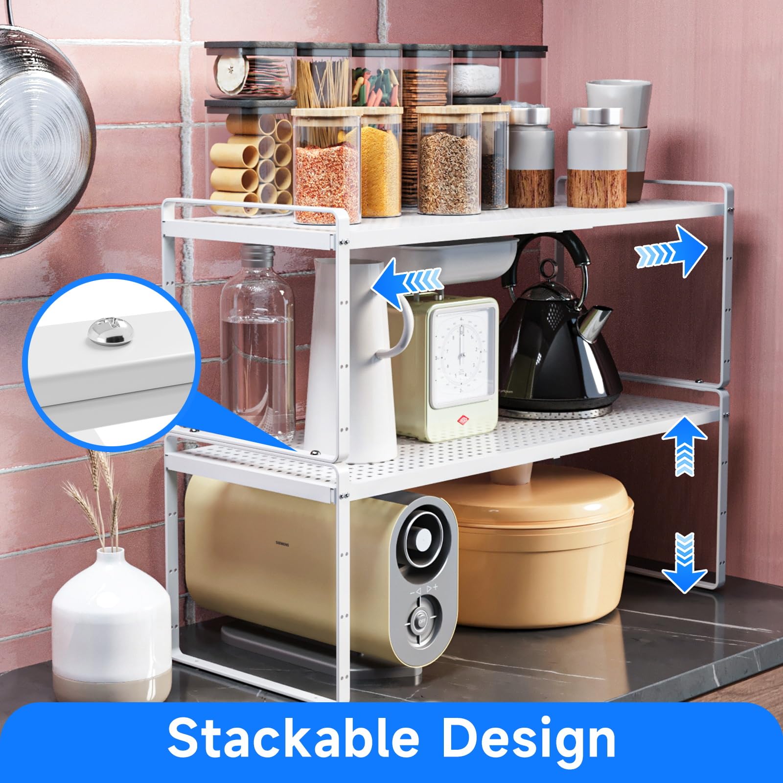 KIKIBRO Expandable Kitchen Shelf Organizers, Kitchen Cabinet Organizer Stand Rack Organization for Countertop Cupborad Pantry Spice Rack, White 1 Pack