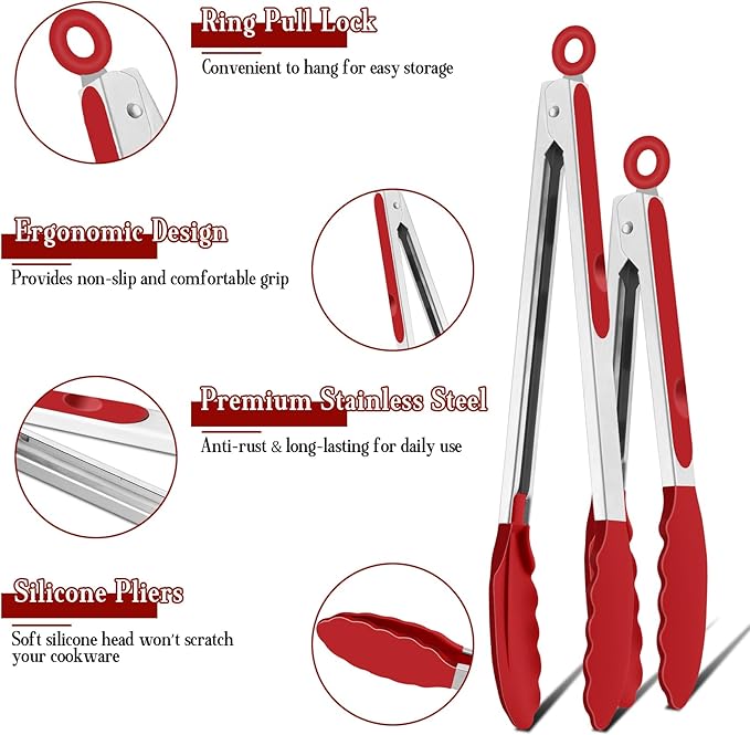 TeamFar Kitchen Tongs, 9"&12" Stainless Steel Heat Resistant Cooking Tongs