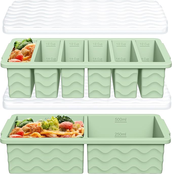 2-Pack Silicone Freezer Trays with Lid, 2 Large 2-Cup(500ml) & 6 Small 1/2-Cup(125ml) Soup Freezer Container Molds, Ice Cube Tray For Meal Prep & Freezing Soup, Stews, Sauces, Oven & Dishwasher-Safe