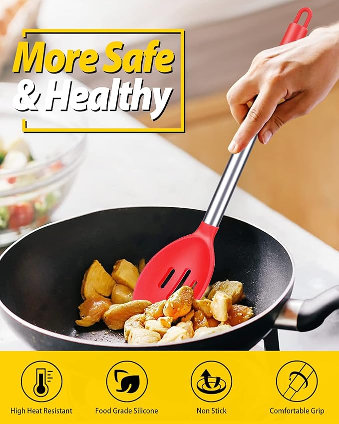 BUNDLEPRO Silicone Cooking Spoons for Non Stick Cookware, 2 Pack, RED