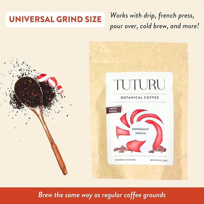 Organic Peppermint Mocha Ground Coffee - Real Peppermint & Cacao - Medium Roast, Flavored Coffee - Smooth Low-Acid - Perfect for Drip, Pour Over or Cold Brew - 8 oz, 22 Servings