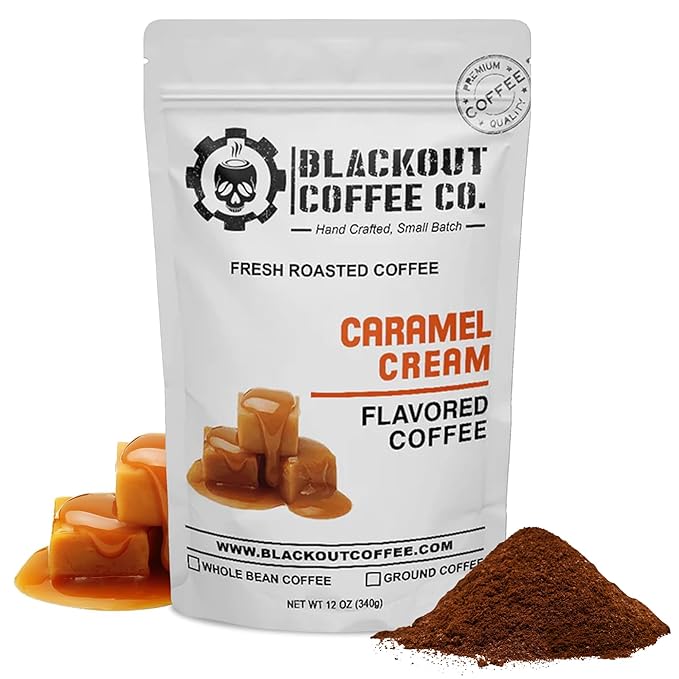 Blackout Coffee Caramel Cream Flavored Ground Coffee – Medium Roast, Smooth Taste, Guilt-Free Indulgence – Freshly Roasted 12oz Bag.