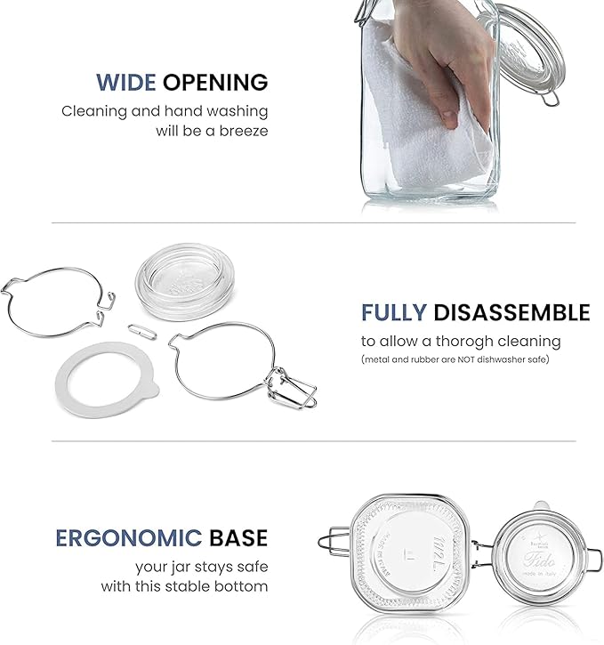Bormioli Rocco Fido Squared Wide Mouth Glass Jar with Airtight Gasket Clamp Lid for Canning and Food Storage, Clear Top, 67.75 oz.