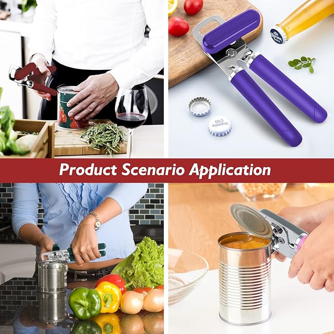 Mebotem 10 Colors Can Opener Manual Handheld Heavy Duty Hand Can Opener Smooth Edge Stainless Steel Can Openers Top Lid Kitchen Gadgets, Best Large Rated Easy Turn Knob, with Bottle Opener, Burgundy