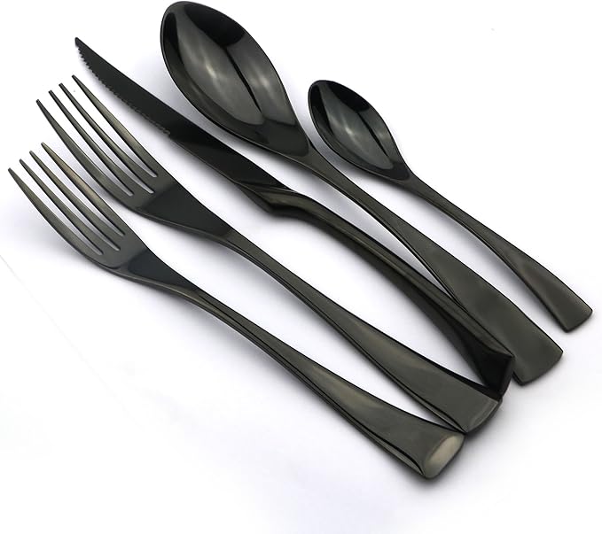 JANKNG 5-Piece 18/10 Stainless Steel Serrated Steak Knife Flatware Set, Mirror Polishing Black, Service for 1