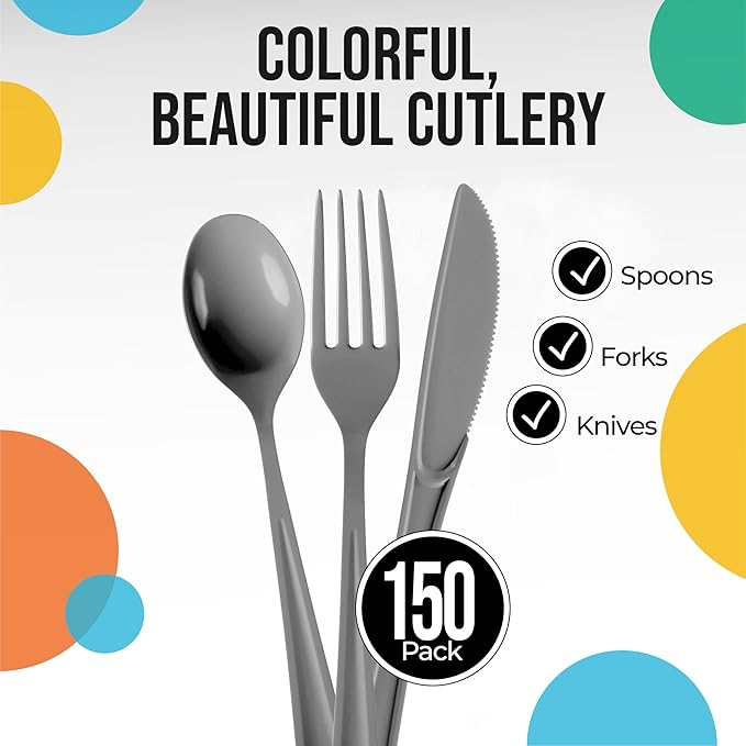 Party Solids Silver Plastic Silverware Heavy Duty 150 Pieces Silver Disposable Silverware Heavy Duty, Utensil Sets, 50 Of Each Forks, Knives & Spoons Disposable Cutlery Set For Party Supplies