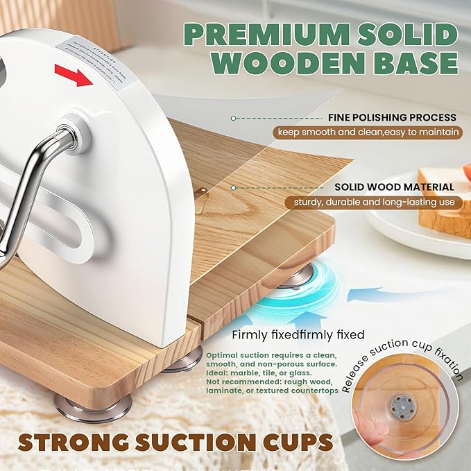 Huanyu Manual Bread Slicer Upgrade Foldable Sourdough Cutter Versatile Hand Crank Stainless Steel Blade Adjustable Thickness with Scale Line & Suction Cup for Homemade & Commercial Use White