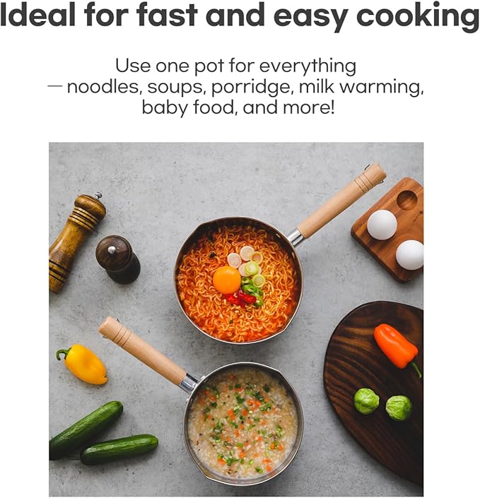 SISEM 1.5 Quart Stainless Steel Pot With Glass Lid. Traditional Japanese Saucepan Wth Wood Handle, Multipurpose Sauce Pan With Two Side Pour Spouts & Measurement Line, Great for Ramen, Milk etc.