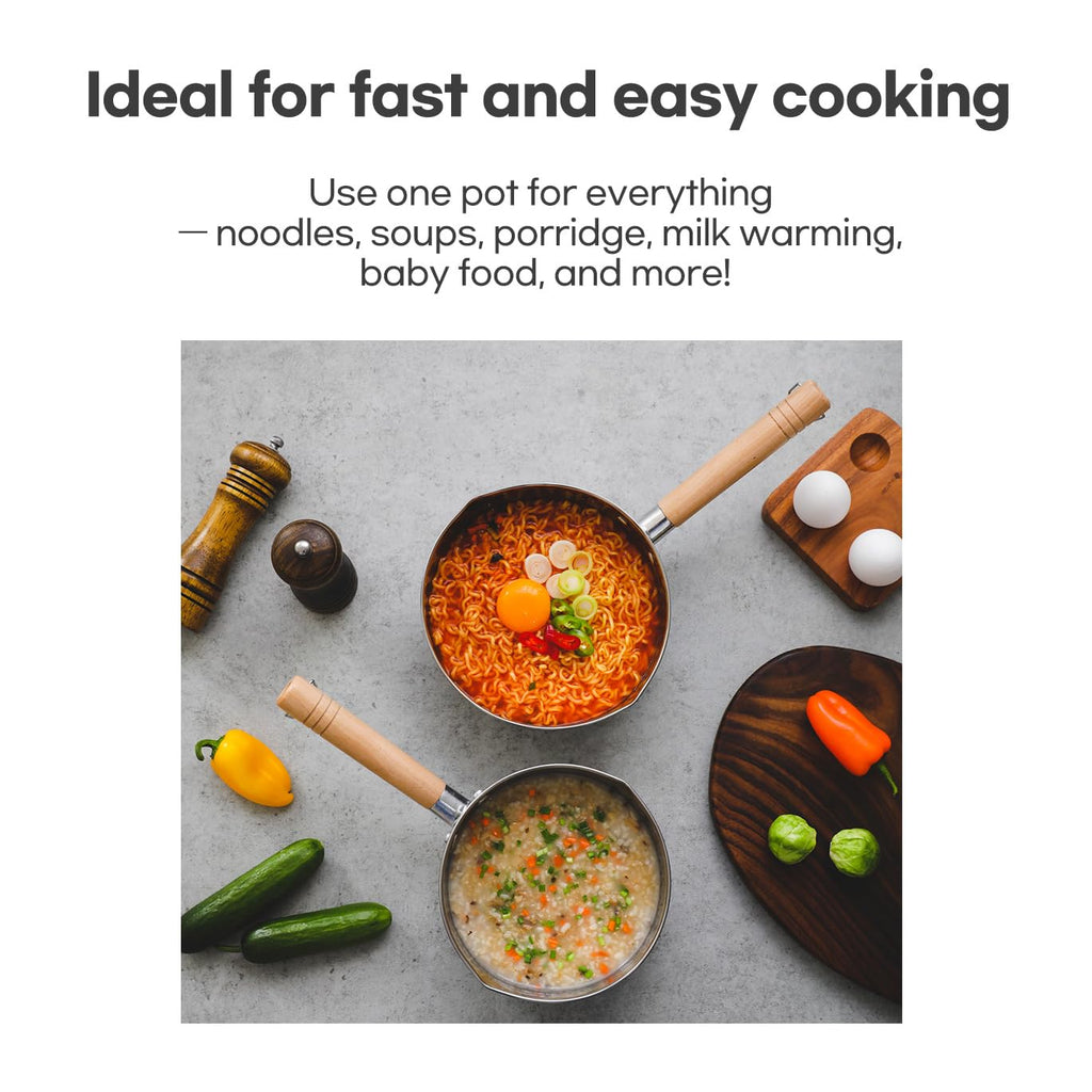 SISEM 1.5 Quart Stainless Steel Pot With Glass Lid. Traditional Japanese Saucepan Wth Wood Handle, Multipurpose Sauce Pan With Two Side Pour Spouts & Measurement Line, Great for Ramen, Milk etc.