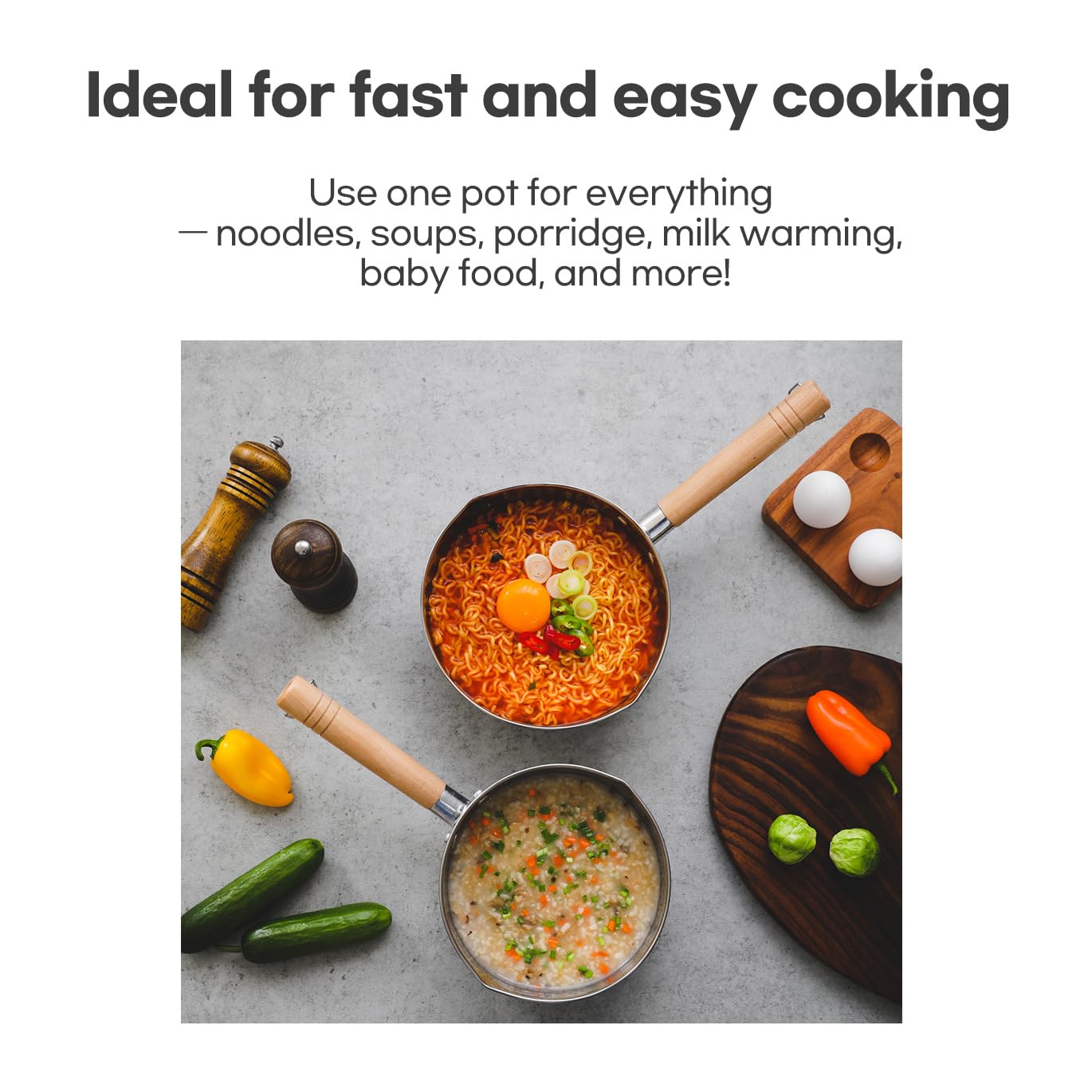 SISEM 1.5 Quart Stainless Steel Pot With Glass Lid. Traditional Japanese Saucepan Wth Wood Handle, Multipurpose Sauce Pan With Two Side Pour Spouts & Measurement Line, Great for Ramen, Milk etc.