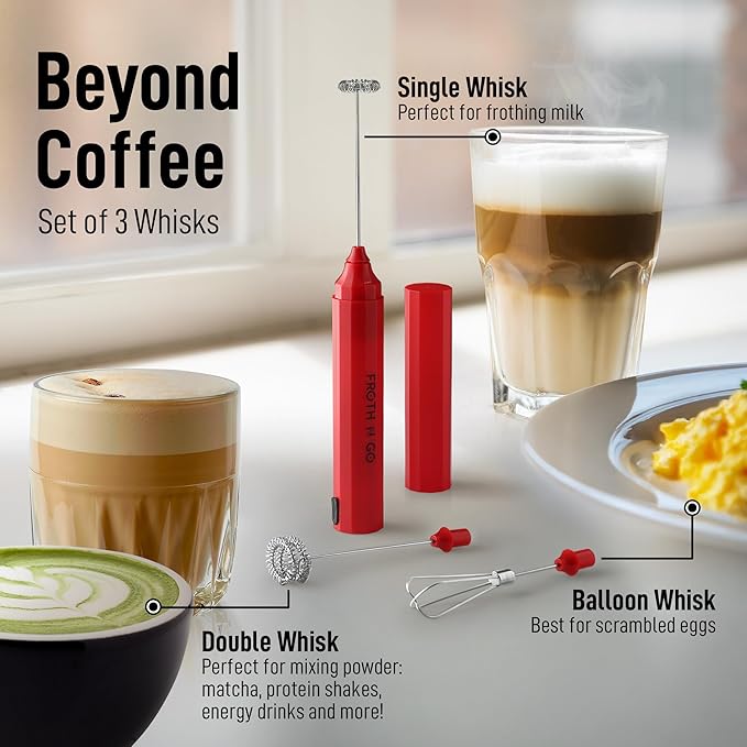 Zulay Froth N Go Milk Frother – Rechargeable 3-in-1 Handheld Frother Wand with Travel Case & USB-C Charger – Single, Double & Egg Whisk for Latte, Cappuccino, Matcha, Protein Shakes - Ember Red