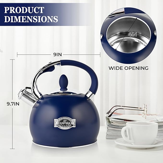 SUSTEAS Whistling Tea Kettle, 2.7QT Food-Grade Steel Teapot, NAVY BLUE