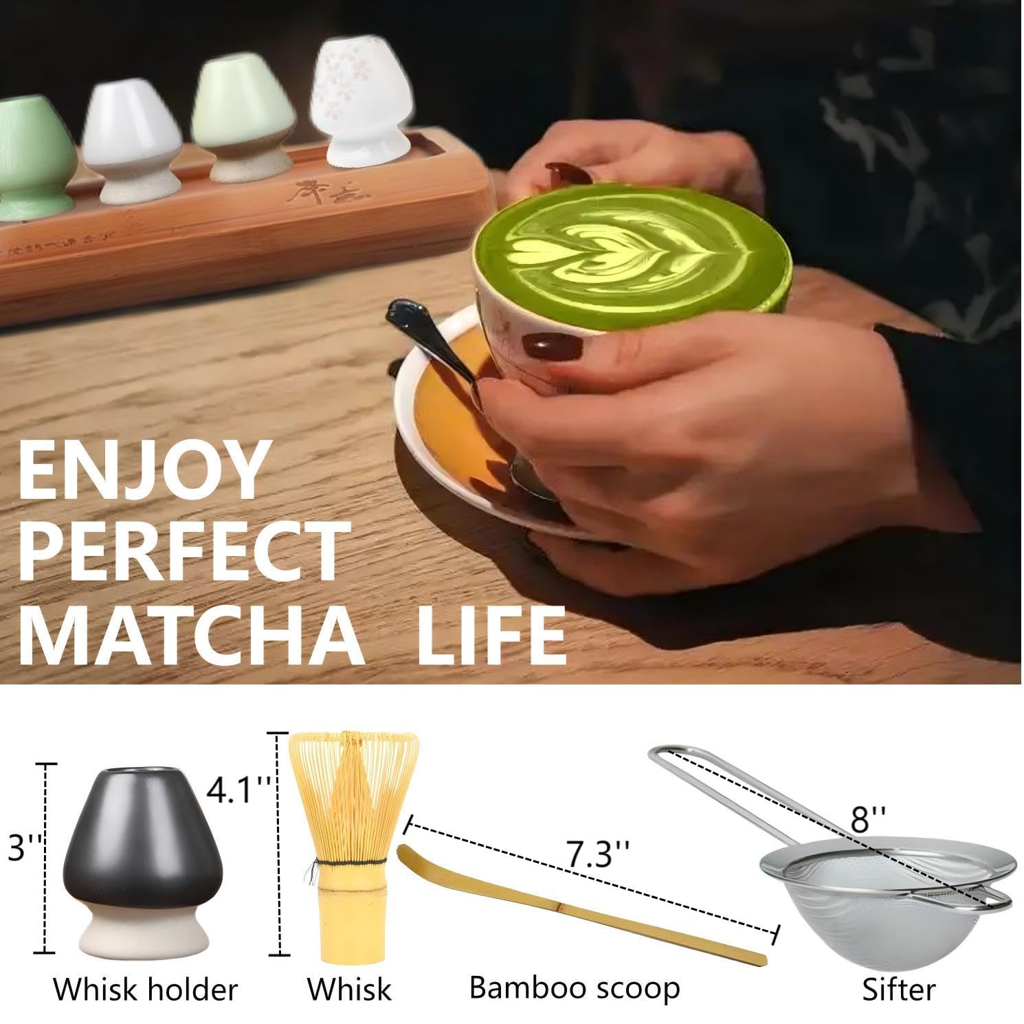 Matcha Tools ，Matcha Whisk Holder， Matcha Chasen Whisk Stand ，Ceramic Holder ，Matcha Bowl ，Traditional Japanese Tea Ceremony Starter (Fruit Green Ceramic Holder，Whisk ， 4 set)