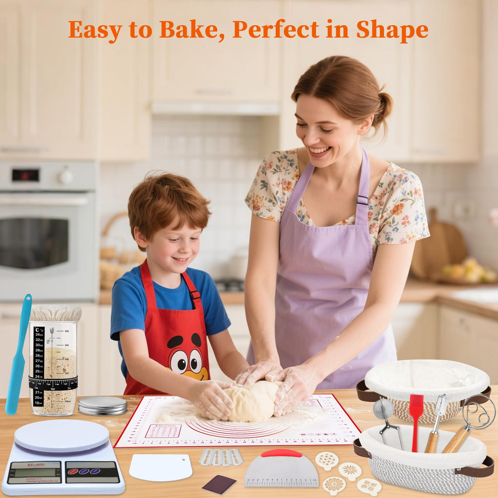 Aliggbent 38Pcs Sourdough Bread Baking Supplies – 11'' Oval & 10'' Round Cotton Rope Banneton Bread Proofing Baskets with Liners & Covers, Sourdough Starter Jar Kit, Scale, Bags & Bread Making Tools