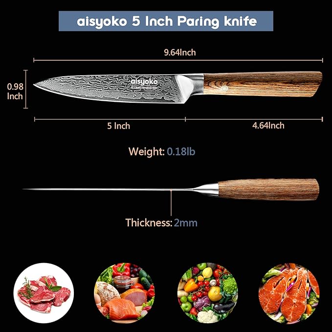 Aisyoko 5-Inch Paring Knife - Japanese VG-10 Super Steel 67-Layer Damascus Blade - Fruit Utility Knife for Carving & Peeling - Luxury Gift Box with Color Wooden Handle - Includes Scabbard