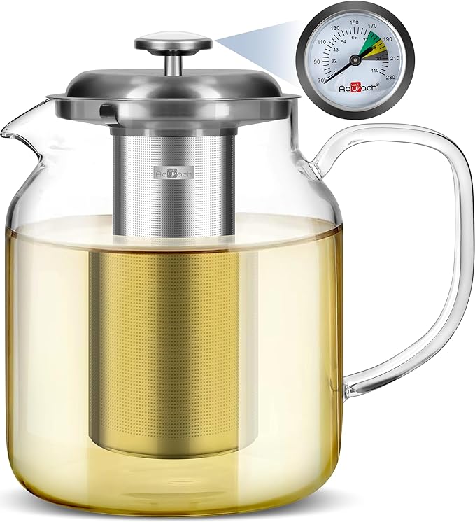 Aquach 68oz Glass Teapot with Thermometer, Stovetop Safe Tea Pot