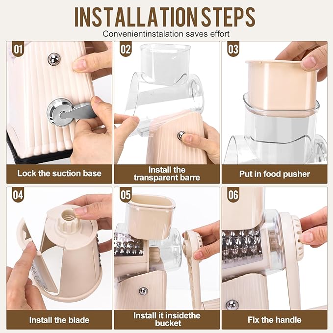 YHBRAK Rotary Cheese Grater with 5 Well-designed Blades & Strong Suction Base, Kitchen Mandoline Vegetable Slicer with Blade Storage Box(Off-white)