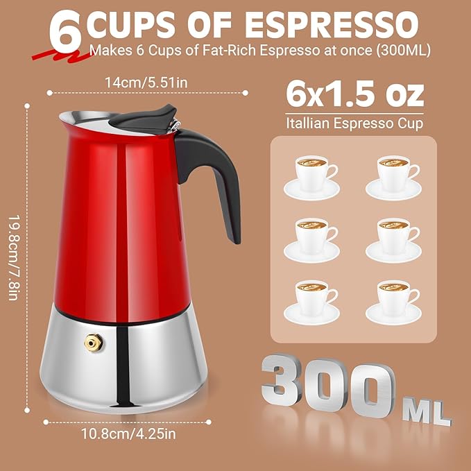 Suiitat 6 Cup Stainless Steel Moka Pot, 300ml Stovetop Espresso Maker, Red