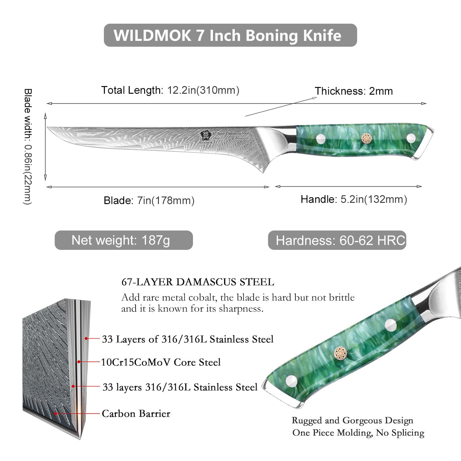WILDMOK 7 inch Damascus Fillet Knife, Japanese Damascus Steel Boning, Carving, Deboning, Full Tang Resin Handle, Gift Box