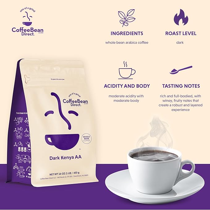 Coffee Bean Direct Dark Kenya AA, Whole Bean, 1lb Bag