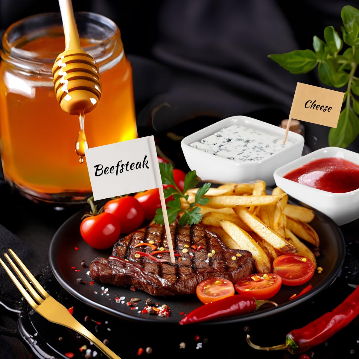 Charcuterie Board Accessories With 3 Oz Ceramic Dip Bowls, Wooden Handle Gold Cheese Spreader Butter Knive Set Kit, Mini Tongs, Spoons, Forks,Honey Dipper, Cocktail Picks
