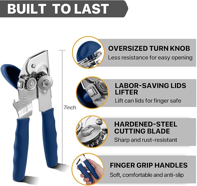 UHIYEE Heavy Duty Hand Can Opener with Comfortable Grip for Seniors, Blue