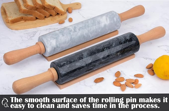 SIPARUI Marble Rolling Pin Set with Silicone Pastry Mat,Pastry Brush,Cooking Tongs,Stainless Steel Scraper18.5 inch Polished Non-Stick Roller for Pizza Dough,Fondant,Pie Crust(Gray White)