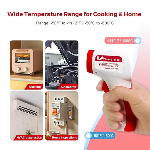 VCooklify Infrared Thermometer for Meat,Laser Temperature Gun,-58~1112°F,DS 12:1 Digital IR Temp Gun with Adjustable Emissivity&High/Low Alarm,LCD Display Thermal Gun for Food Oven Cooking HVAC