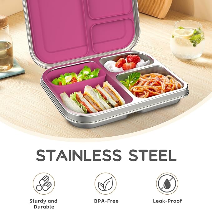 BOSEDSANG Stainless Steel Kids Leak-Resistant Bento Lunch Box, 3-Compartments with Silicone Container, Dishwasher-Safe, Child-Friendly Design for School, Picnics & Travel,BPA-Free(Pink)