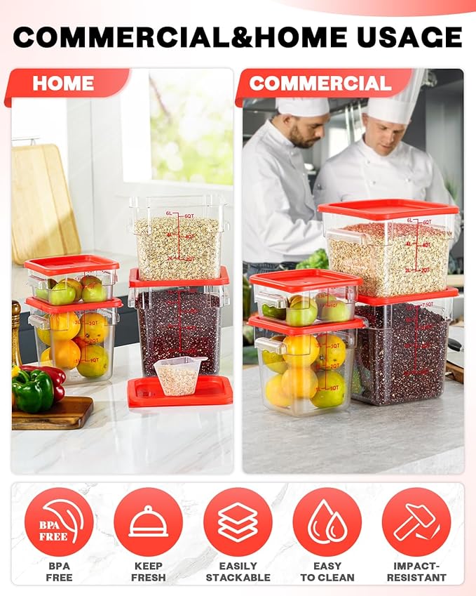 SVKLHY 4QT 6PCS NSF Commercial Clear Food Storage Containers with Lids(RED)