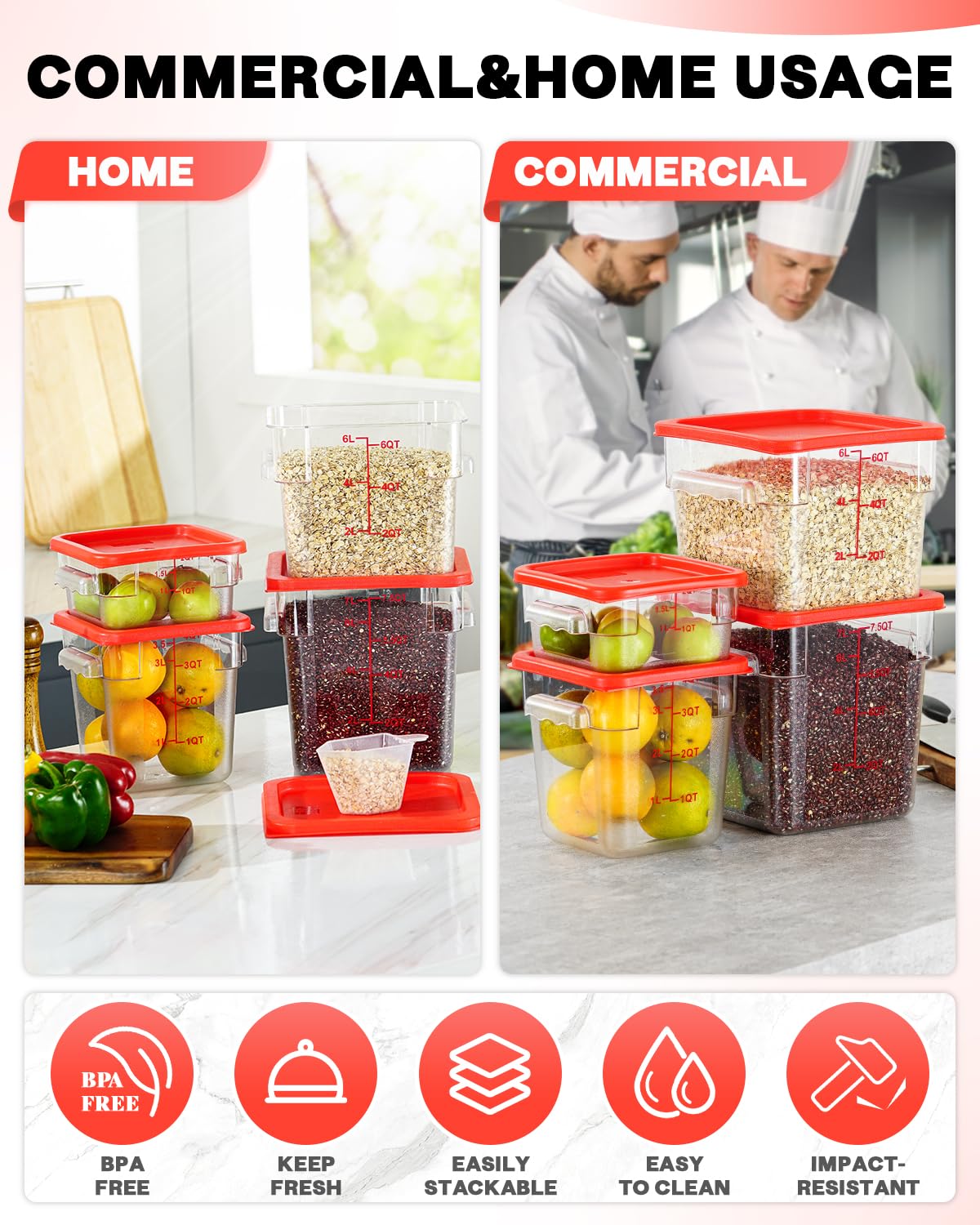 SVKLHY 4QT 6PCS NSF Commercial Clear Food Storage Containers with Lids(RED)
