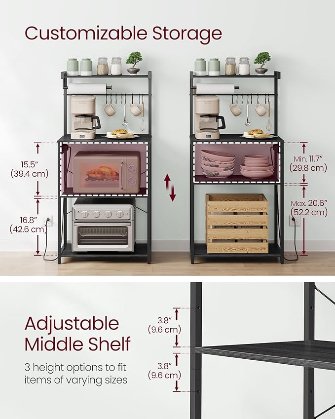 VASAGLE BARNET Collection - Kitchen Bakers Rack with Power Outlet, 23.6-Inch Wide Coffee Bar 4-Tier with 8 S Hooks, Modern Microwave Stand, Adjustable Shelf, Charcoal Gray and Ink Black UKKS014B01V1