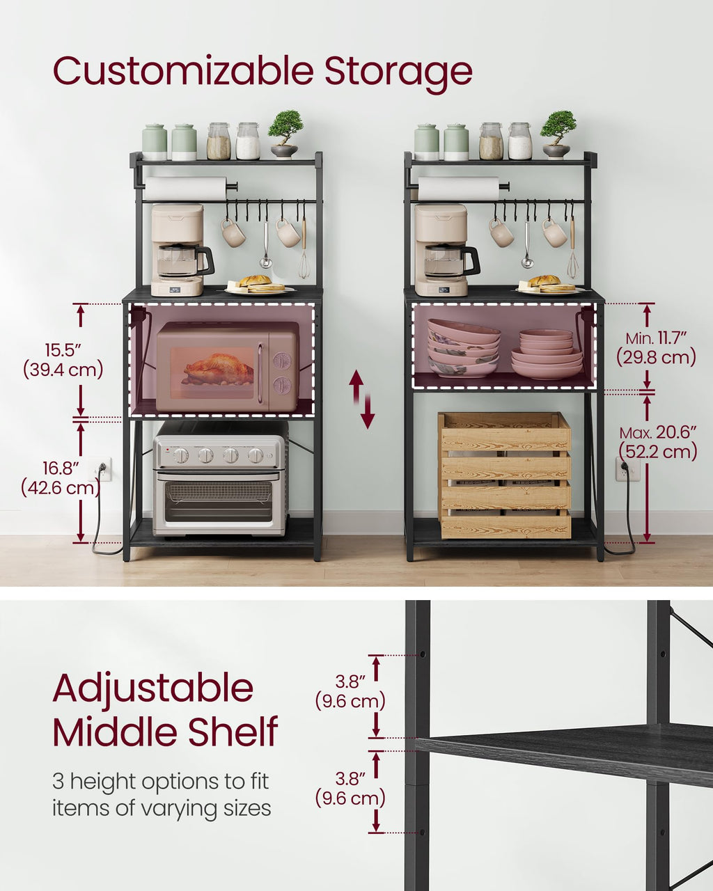 VASAGLE 4-Tier Kitchen Bakers Rack with Power Outlet, 23.6-Inch Wide